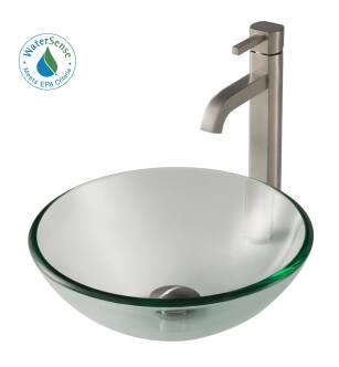 Kraus C-GV-101-14-12mm-1007SN Bathroom Combo - 14" Clear Glass Vessel Bathroom Sink With Vessel Faucet, Pop-Up Drain, And Mounting Ring in Satin Nickel