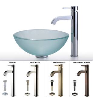 Kraus C-GV-101FR-14-12mm-1007CH Bathroom Combo - 14" Frosted Glass Vessel Bathroom Sink With Vessel Faucet, Pop-Up Drain, And Mounting Ring in Chrome