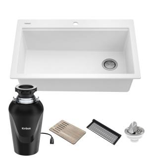 Kraus KGTW1-33WH-100-75MB Bellucci 33" Drop In Single Basin Granite Kitchen Sink With Basket Strainer, Cutting Board, And Garbage Disposal in White