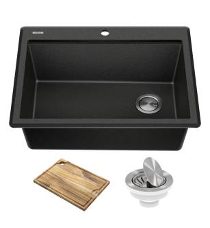 Kraus KGTW12-28MBL Bellucci 28" Drop In Single Basin Granite Composite Kitchen Sink With Basket Strainer And Cutting Board in Metallic Black