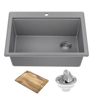 Kraus KGTW12-28MGR Bellucci 28" Drop In Single Basin Granite Composite Kitchen Sink With Basket Strainer And Cutting Board in Metallic Grey