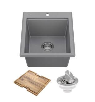 Kraus KGTW12-18MGR Bellucci 18" Drop In Single Basin Granite Composite Kitchen Sink With Basket Strainer And Cutting Board in Metallic Grey