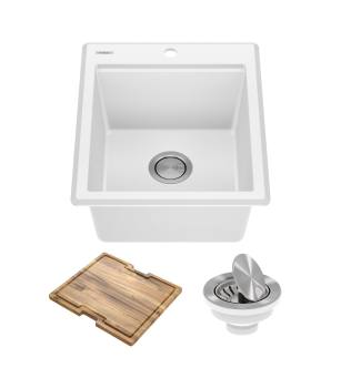 Kraus KGTW12-18WH Bellucci 18" Drop In Single Basin Granite Composite Kitchen Sink With Basket Strainer And Cutting Board in White