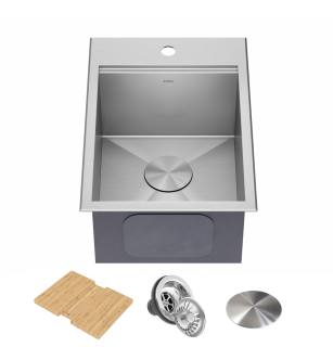 Kraus KWT311-15 Kore 15" Drop In Single Basin Stainless Steel Bar Sink With Basket Strainer And Cutting Board in Stainless Steel