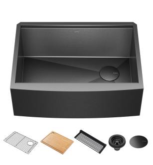 Kraus KWF210-27-PGM Kore 26-7/8" Farmhouse Single Basin Stainless Steel Kitchen Sink With Basin Rack, Basket Strainer And Cutting Board in Gunmetal