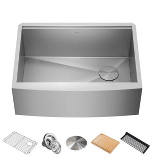 Kraus KWF210-27 Kore 26-7/8" Farmhouse Single Basin Stainless Steel Kitchen Sink With Basin Rack, Basket Strainer And Cutting Board in Stainless Steel