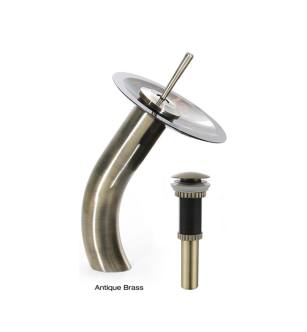 Kraus KGW-1700-PU-10AB-CL Waterfall Single Hole Clear Glass Vessel Bathroom Faucet - Metal Pop-Up Drain Included in Antique Brass