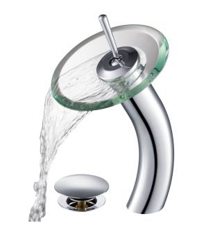 Kraus KGW-1700-PU-10CH-CL Waterfall Single Hole Clear Glass Vessel Bathroom Faucet - Metal Pop-Up Drain Included in Chrome