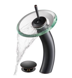 Kraus KGW-1700-PU-10ORB-CL Waterfall Single Hole Clear Glass Vessel Bathroom Faucet - Metal Pop-Up Drain Included in Oil Rubbed Bronze