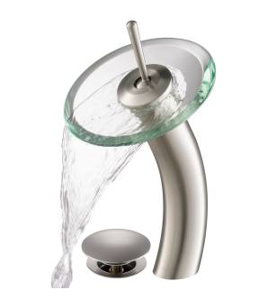Kraus KGW-1700-PU-10SN-CL Waterfall Single Hole Clear Glass Vessel Bathroom Faucet - Metal Pop-Up Drain Included in Satin Nickel