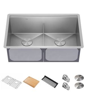 Kraus KWU112-30 Kore 30" Undermount Double Basin Stainless Steel Kitchen Sink With Basin Rack, Basket Strainer, Cutting Board, And Noisedefend Technology in Stainless Steel