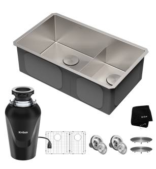 Kraus KHU103-32-100-75MB Standart Pro 32" Undermount Double Basin Stainless Steel Kitchen Sink With Basin Rack, Basket Strainer, Garbage Disposal, And Noisedefend Technology in Stainless Steel