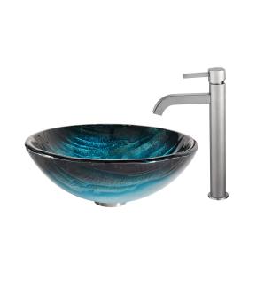 Kraus C-GV-399-19mm-1007SN Bathroom Combo - 17" Ladon Glass Vessel Bathroom Sink With Vessel Faucet, Pop-Up Drain And Mounting Ring in Satin Nickel