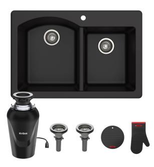 Kraus KGD-50BL-100-75MB Forteza 33" Undermount Double Basin Granite Kitchen Sink With Basket Strainer And Garbage Disposal in Black