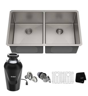 Kraus KHU102-33-100-75MB Standart Pro 32-3/4" Undermount Double Basin Stainless Steel Kitchen Sink With Basin Rack, Basket Strainer, And Garbage Disposal in Stainless Steel