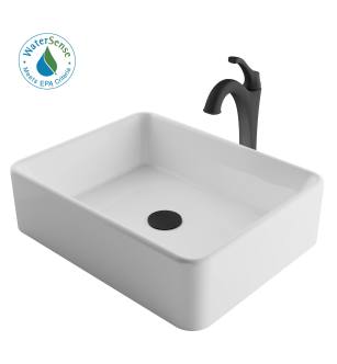 Kraus C-KCV-121-1200MB Elavo And Arlo 18-1/4" Vitreous China Vessel Bathroom Sink With 1.2 Gpm Deck Mounted Bathroom Faucet And Pop-Up Drain Assembly in Matte Black