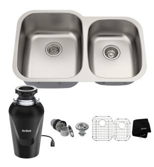 Kraus KBU24-100-75MB Premier Kitchen 32" Undermount Double Basin Stainless Steel Kitchen Sink With Basin Rack, Basket Strainer, And Garbage Disposal in Stainless Steel