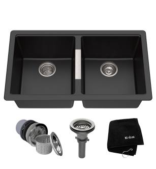 Kraus KGU-434B 32-1/2" Double Basin Undermount Granite Composite Kitchen Sink With 50/50 Split in Black Onyx