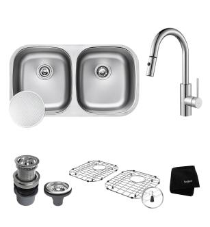 Kraus KBU22E / KPF-2620CH Kitchen Sink Package: Outlast Microshield 32-1/4" Scratch Resistant Double Basin Undermount Kitchen Sink And Oletto Pull Down Kitchen Faucet in Stainless Steel / Chrome