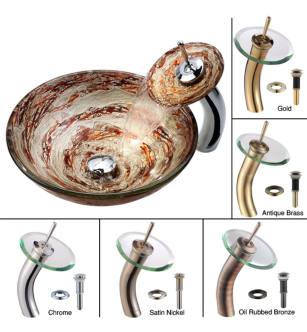 Kraus C-GV-651-12mm-10AB Bathroom Combo - 16-1/2" Ares Glass Vessel Bathroom Sink With Vessel Faucet, Pop-Up Drain, And Mounting Ring in Antique Brass