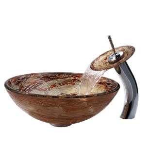 Kraus C-GV-651-12mm-10CH Bathroom Combo - 16-1/2" Ares Glass Vessel Bathroom Sink With Vessel Faucet, Pop-Up Drain, And Mounting Ring in Chrome