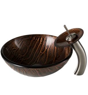 Kraus C-GV-398-19mm-10SN Bathroom Combo - 17" Gaia Glass Vessel Bathroom Sink With Vessel Faucet, Pop-Up Drain And Mounting Ring in Satin Nickel