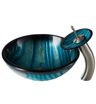 Kraus C-GV-399-19mm-10SN Bathroom Combo - 17" Ladon Glass Vessel Bathroom Sink With Vessel Faucet, Pop-Up Drain And Mounting Ring in Satin Nickel