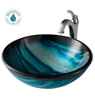 Kraus C-GV-399-19MM-1200CH Arlo & Glass 17" Glass Vessel Bathroom Sink With 1.2 Gpm Deck Mounted Bathroom Faucet And Pop-Up Drain Assembly in Chrome