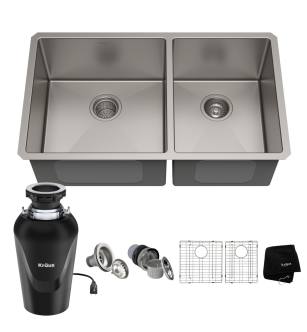 Kraus KHU103-33-100-75MB Standart Pro 32-3/4" Undermount Double Basin Stainless Steel Kitchen Sink With Basin Rack, Basket Strainer, And Garbage Disposal in Stainless Steel