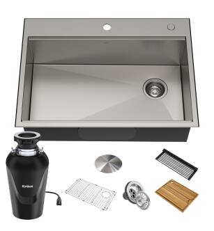 Kraus KWT310-30-100-75MB Kore 30" Drop In Single Basin Stainless Steel Kitchen Sink With Basin Rack, Basket Strainer, Cutting Board, And Garbage Disposal in Stainless Steel