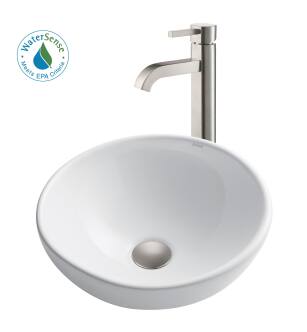 Kraus C-KCV-141-1007SN Bathroom Combo - 15-3/4" Ceramic Vessel Bathroom Sink With Vessel Faucet, Pop-Up Drain in Satin Nickel