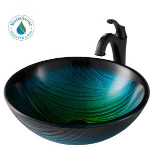 Kraus C-GV-391-19MM-1200MB Arlo & Glass 17" Glass Vessel Bathroom Sink With 1.2 Gpm Deck Mounted Bathroom Faucet And Pop-Up Drain Assembly in Matte Black