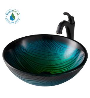 Kraus C-GV-391-19MM-1200ORB Arlo & Glass 17" Glass Vessel Bathroom Sink With 1.2 Gpm Deck Mounted Bathroom Faucet And Pop-Up Drain Assembly in Oil Rubbed Bronze