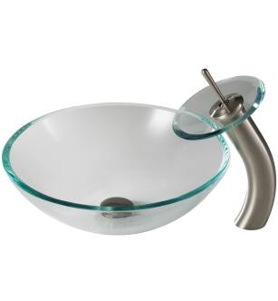 Kraus C-GV-100-12mm-10SN Bathroom Combo - 16-1/2" Clear Glass Vessel Bathroom Sink With Vessel Faucet, Pop-Up Drain, And Mounting Ring in Satin Nickel