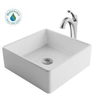 Kraus C-KCV-120-1200CH Elavo And Arlo 15" Vitreous China Vessel Bathroom Sink With 1.2 Gpm Deck Mounted Bathroom Faucet And Pop-Up Drain Assembly in Chrome