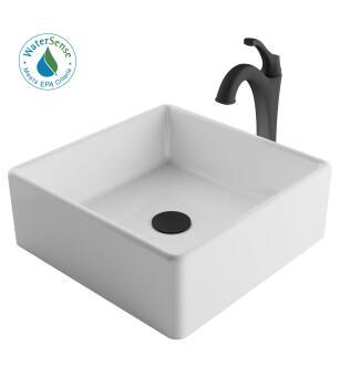 Kraus C-KCV-120-1200MB Elavo And Arlo 15" Vitreous China Vessel Bathroom Sink With 1.2 Gpm Deck Mounted Bathroom Faucet And Pop-Up Drain Assembly in Matte Black