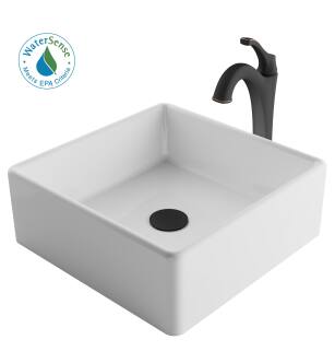 Kraus C-KCV-120-1200ORB Elavo And Arlo 15" Vitreous China Vessel Bathroom Sink With 1.2 Gpm Deck Mounted Bathroom Faucet And Pop-Up Drain Assembly in Oil Rubbed Bronze
