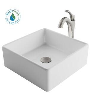 Kraus C-KCV-120-1200SFS Elavo And Arlo 15" Vitreous China Vessel Bathroom Sink With 1.2 Gpm Deck Mounted Bathroom Faucet And Pop-Up Drain Assembly in Spot-Free Stainless Steel