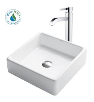 Kraus C-KCV-120-1007CH Bathroom Combo - 15" Ceramic Vessel Bathroom Sink With Vessel Faucet, Pop-Up Drain in Chrome