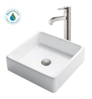 Kraus C-KCV-120-1007SN Bathroom Combo - 15" Ceramic Vessel Bathroom Sink With Vessel Faucet, Pop-Up Drain in Satin Nickel