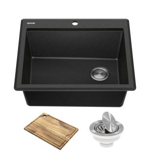 Kraus KGTW12-25MBL Bellucci 25" Drop In Single Basin Granite Composite Kitchen Sink With Basket Strainer And Cutting Board in Metallic Black
