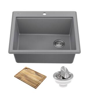 Kraus KGTW12-25MGR Bellucci 25" Drop In Single Basin Granite Composite Kitchen Sink With Basket Strainer And Cutting Board in Metallic Grey