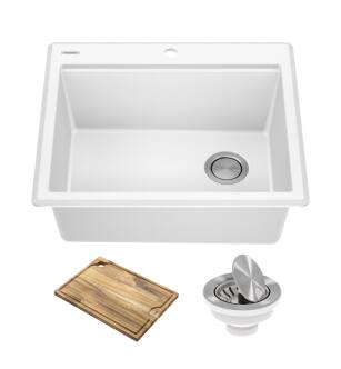 Kraus KGTW12-25WH Bellucci 25" Drop In Single Basin Granite Composite Kitchen Sink With Basket Strainer And Cutting Board in White