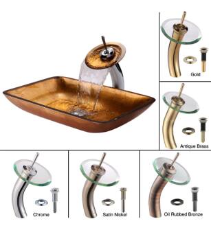 Kraus C-GVR-210-RE-10AB Bathroom Combo - 21-7/8" Golden Pearl Glass Vessel Bathroom Sink With Vessel Faucet, Pop-Up Drain in Antique Brass