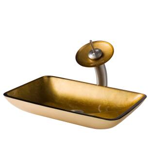 Kraus C-GVR-210-RE-10SN Bathroom Combo - 21-7/8" Golden Pearl Glass Vessel Bathroom Sink With Vessel Faucet, Pop-Up Drain in Satin Nickel