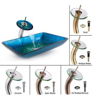 Kraus C-GVR-204-RE-10AB Bathroom Combo - 21-7/8" Irruption Blue Glass Vessel Bathroom Sink With Vessel Faucet, Pop-Up Drain, And Mounting Ring in Antique Brass