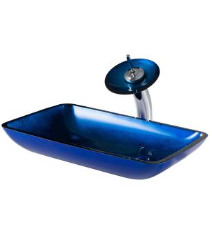 Kraus C-GVR-204-RE-10CH Bathroom Combo - 21-7/8" Irruption Blue Glass Vessel Bathroom Sink With Vessel Faucet, Pop-Up Drain, And Mounting Ring in Chrome