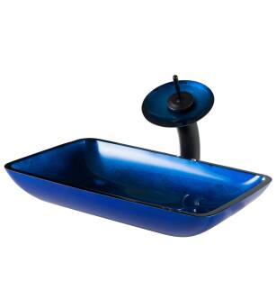 Kraus C-GVR-204-RE-10ORB Bathroom Combo - 21-7/8" Irruption Blue Glass Vessel Bathroom Sink With Vessel Faucet, Pop-Up Drain, And Mounting Ring in Oil Rubbed Bronze