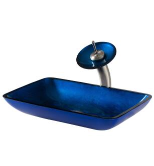 Kraus C-GVR-204-RE-10SN Bathroom Combo - 21-7/8" Irruption Blue Glass Vessel Bathroom Sink With Vessel Faucet, Pop-Up Drain, And Mounting Ring in Satin Nickel