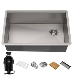 Kraus KWU110-30-100-100MB Kore 30" Undermount Single Basin Stainless Steel Kitchen Sink With Basin Rack, Basket Strainer, Cutting Board, And Garbage Disposal in Satin